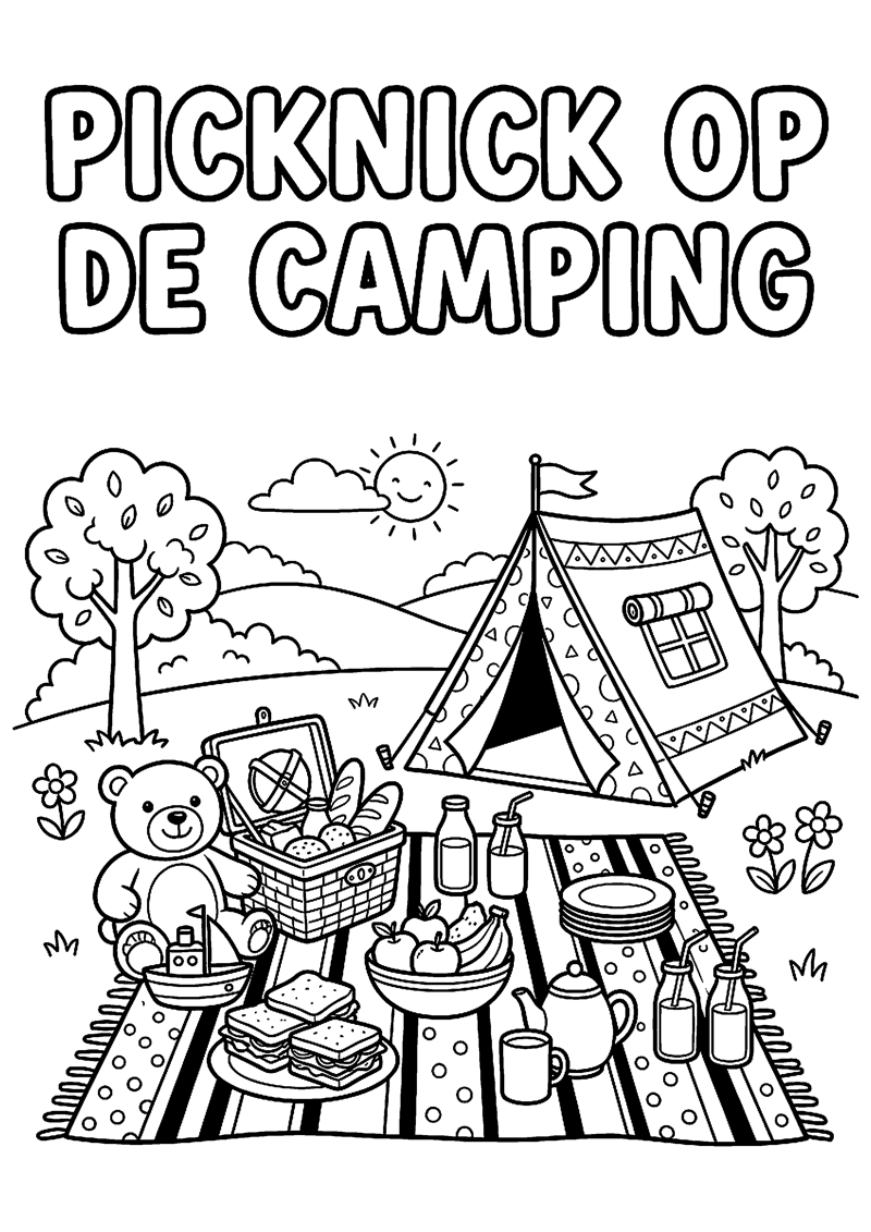Picknickkleed voor Tent met Eten en Drinken met Tekst Picknick op de Camping Kamperen Kleurplaat — gratis kleurplaat