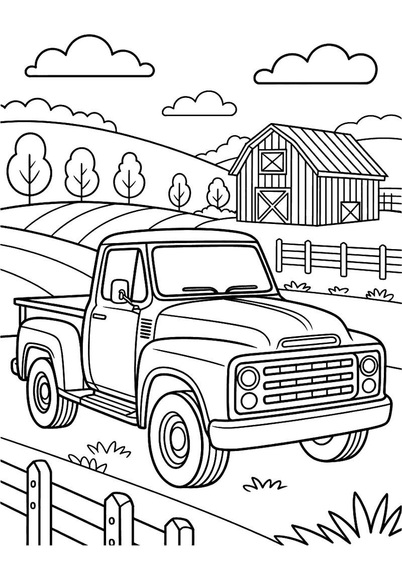 Kleurplaat van een klassieke pickup truck geparkeerd op een boerderij met een rode schuur, akkers en bomen op de achterg