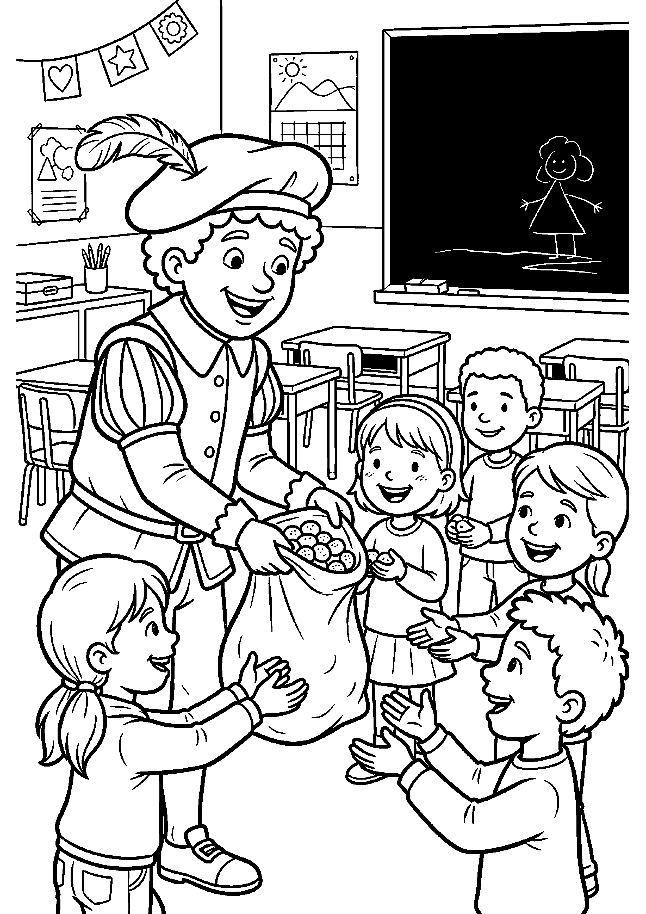 Piet deelt pepernoten uit op school kleurplaat — gratis kleurplaat