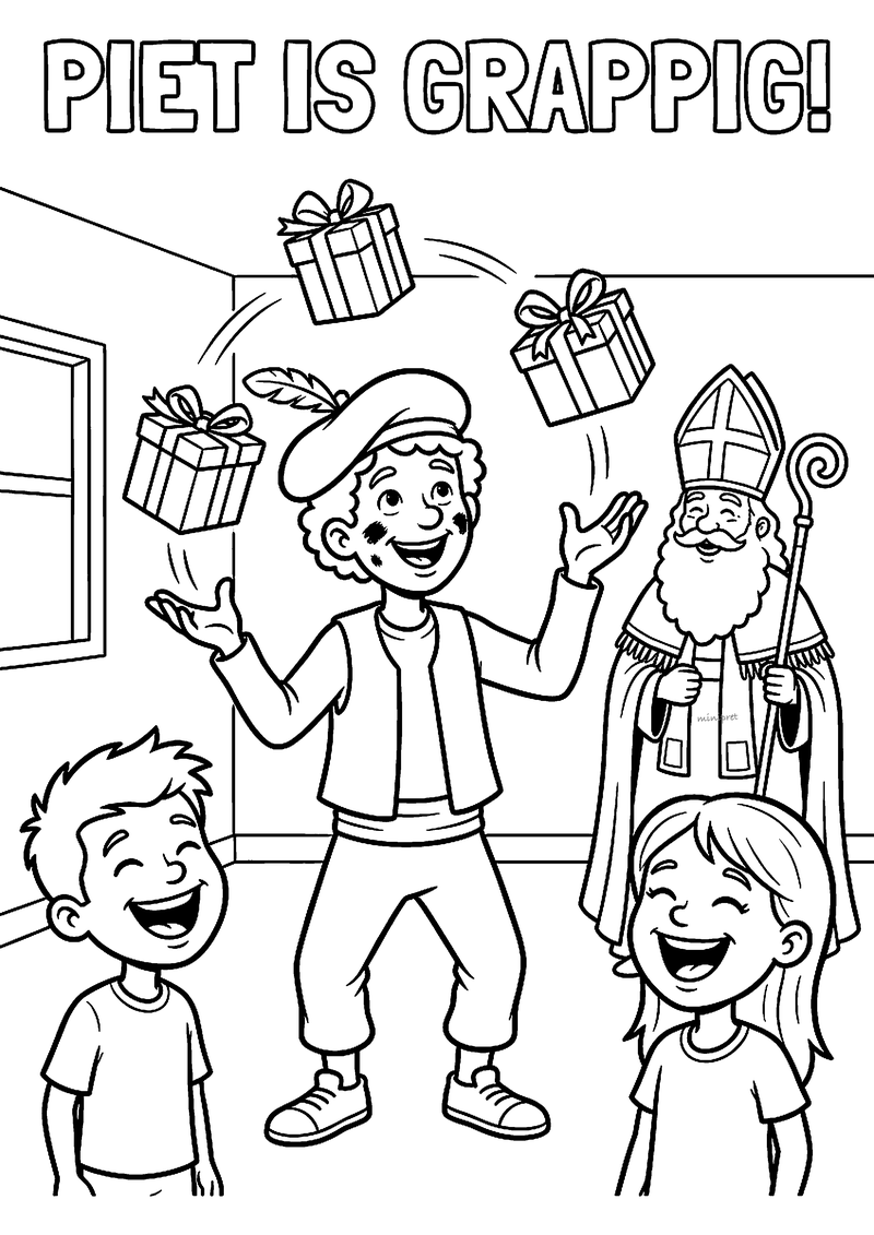 Kleurplaat van een Piet die met drie cadeautjes jongleert, twee kinderen en de Sint lachen, tekst PIET IS GRAPPIG!