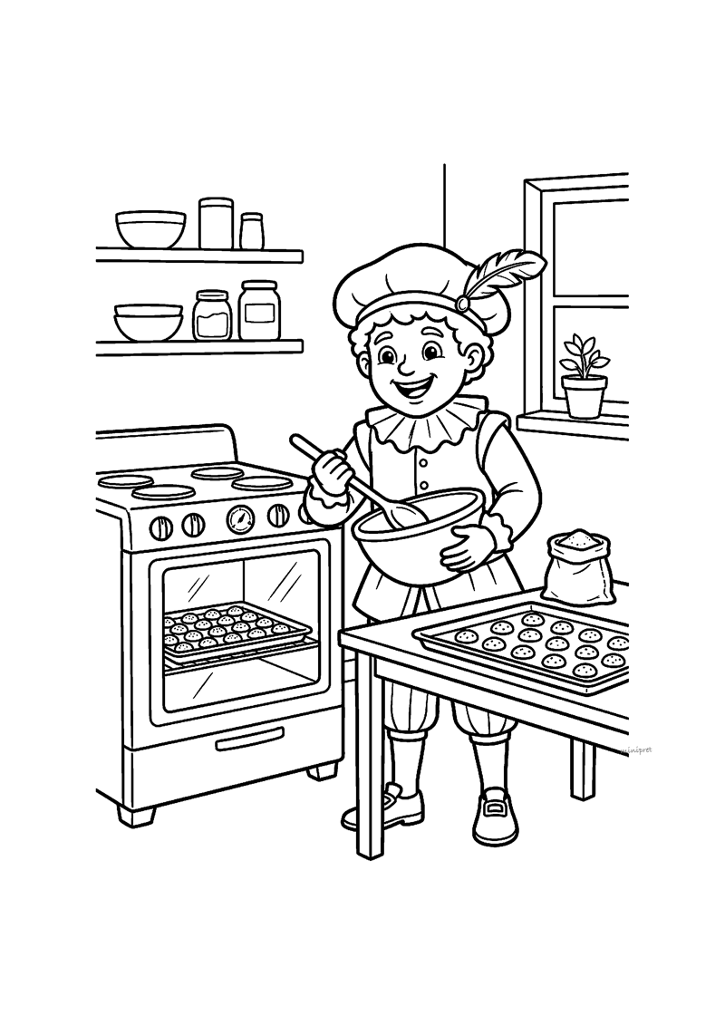 Kleurplaat van Piet die in de keuken pepernoten bakt met mengkom, oven en bakplaat