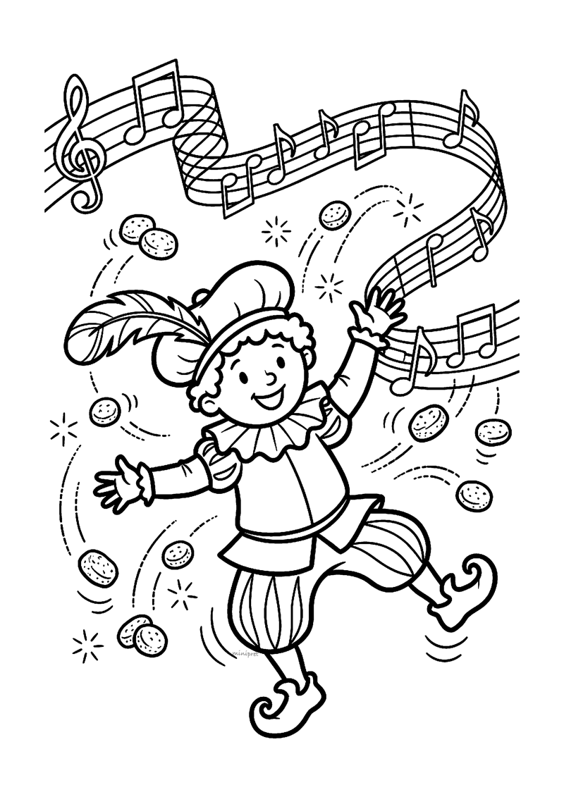 Kleurplaat van een dansende Piet met muzieknoten en pepernoten die rondvliegen om hem heen