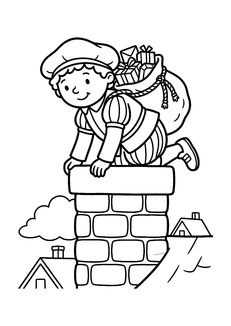 Kleurplaat van Piet die met een grote cadeauzak op zijn rug een schoorsteen in klimt op het dak