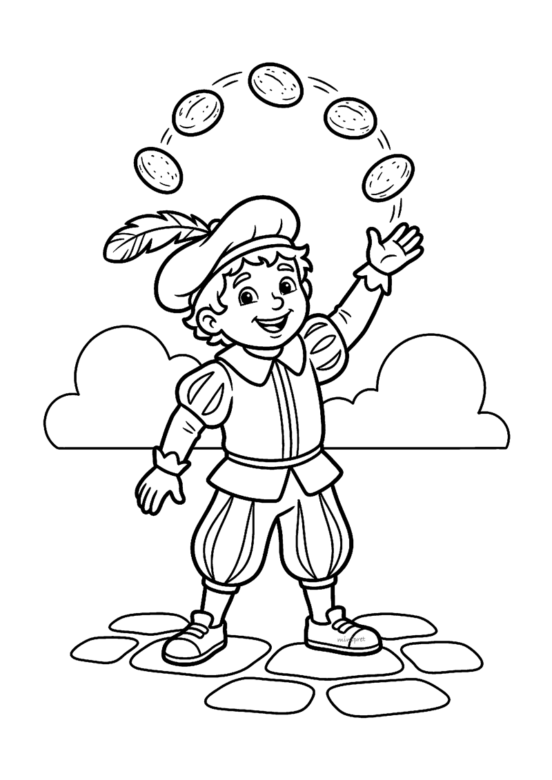 Kleurplaat van een Piet die met meerdere pepernoten in een boog door de lucht jongleert op stenen vloer