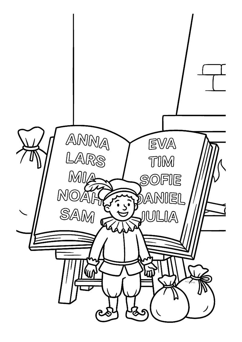 Kleurplaat van Piet die voor een groot boek met namen ANNA LARS MIA NOAH SAM staat en cadeauzak ernaast