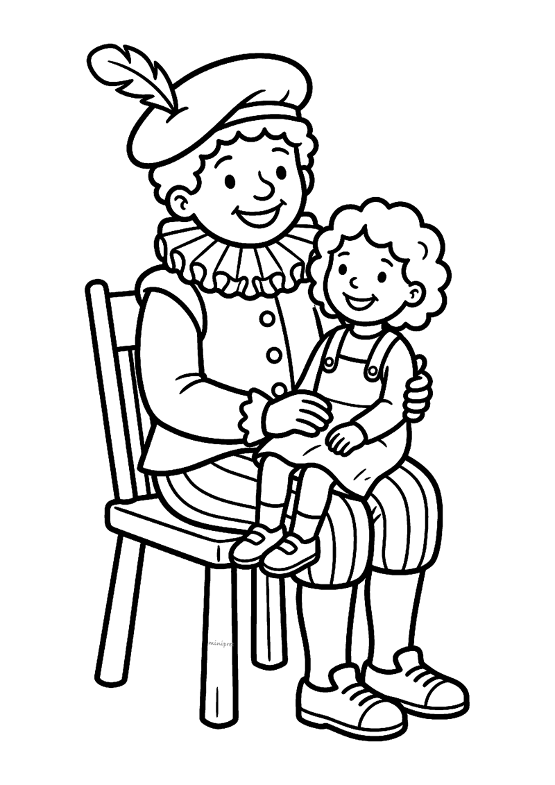 Kleurplaat van Piet die op een houten stoel zit met een lachend kind op zijn schoot