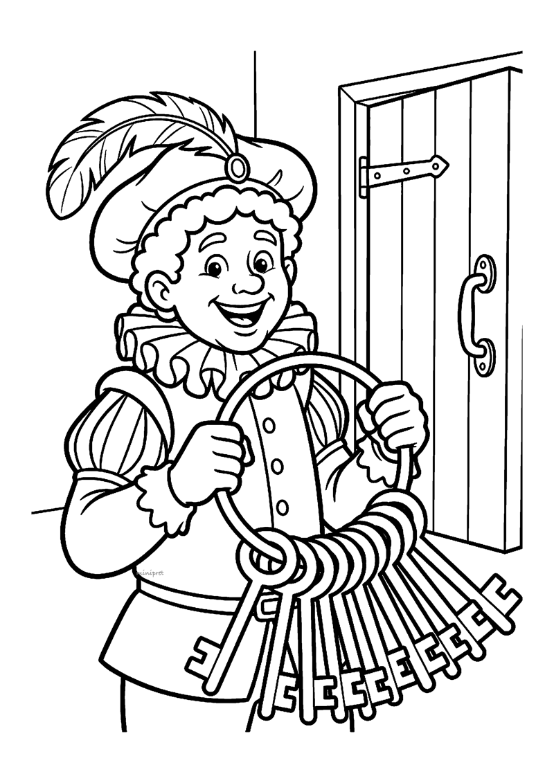 Kleurplaat van Piet die een grote sleutelbos vasthoudt bij een houten deur