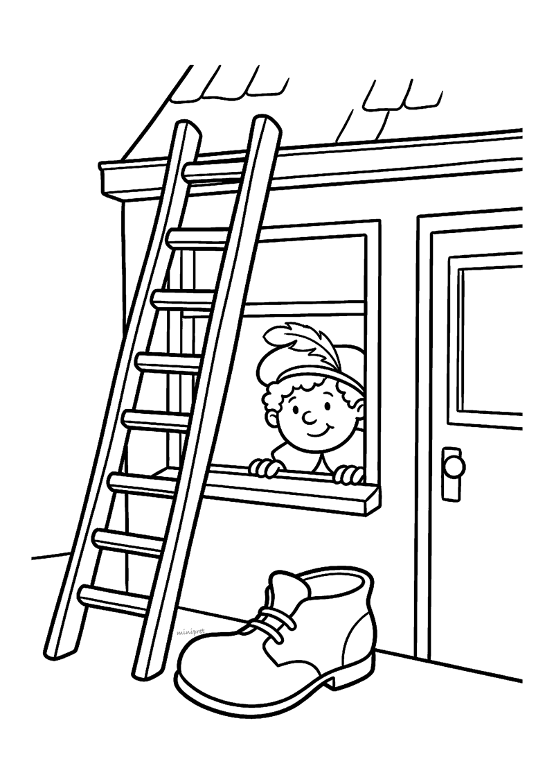 Kleurplaat van een Piet die door een raam naar buiten kijkt met een ladder ernaast en een schoen op de grond
