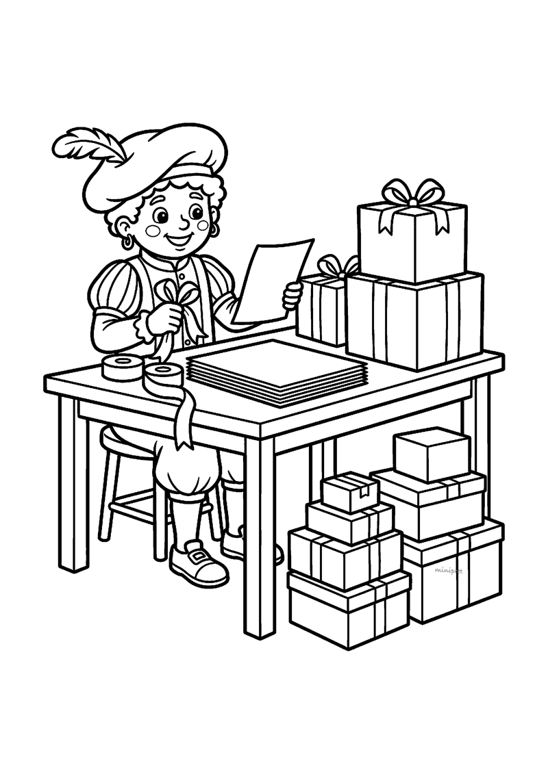 Kleurplaat van Piet die aan een tafel cadeaus inpakt met dozen om zich heen gestapeld