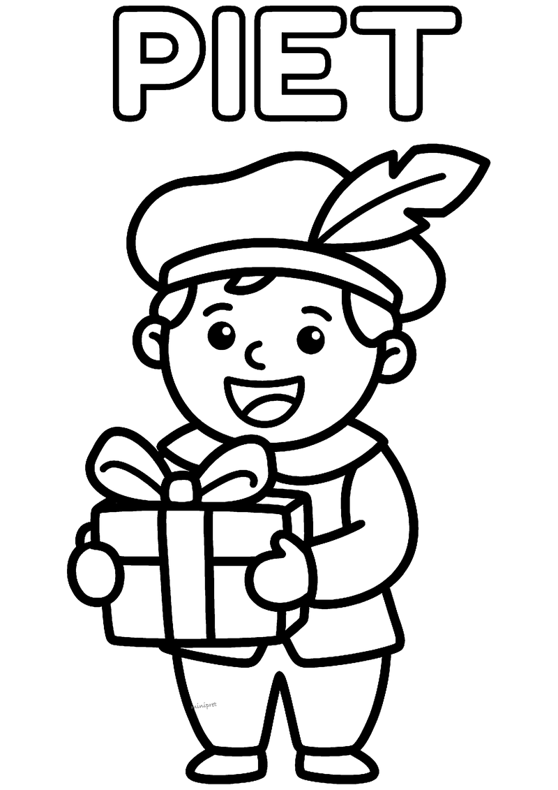 Kleurplaat van een lachende Piet met baret en veer die een cadeautje vasthoudt, met het woord PIET erboven