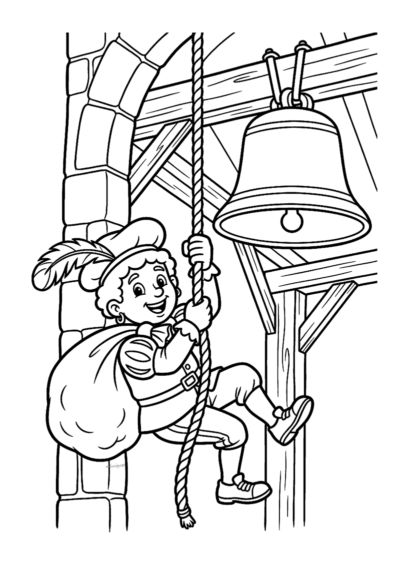 Kleurplaat van Piet die aan een dik touw trekt om een grote kerkklok in een toren te luiden