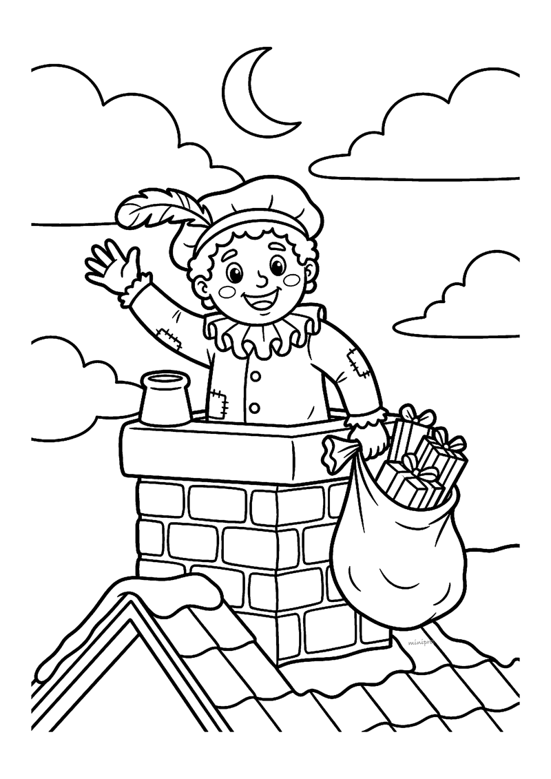 Kleurplaat van een Piet die vanaf een schoorsteen zwaait, met maan en cadeauzak bij hem op het dak