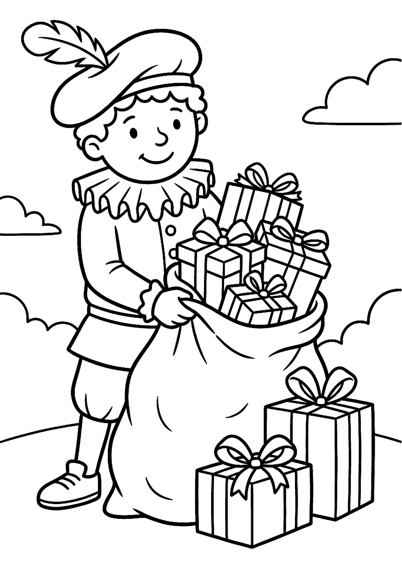 Piet met een zak cadeautjes kleurplaat — gratis kleurplaat