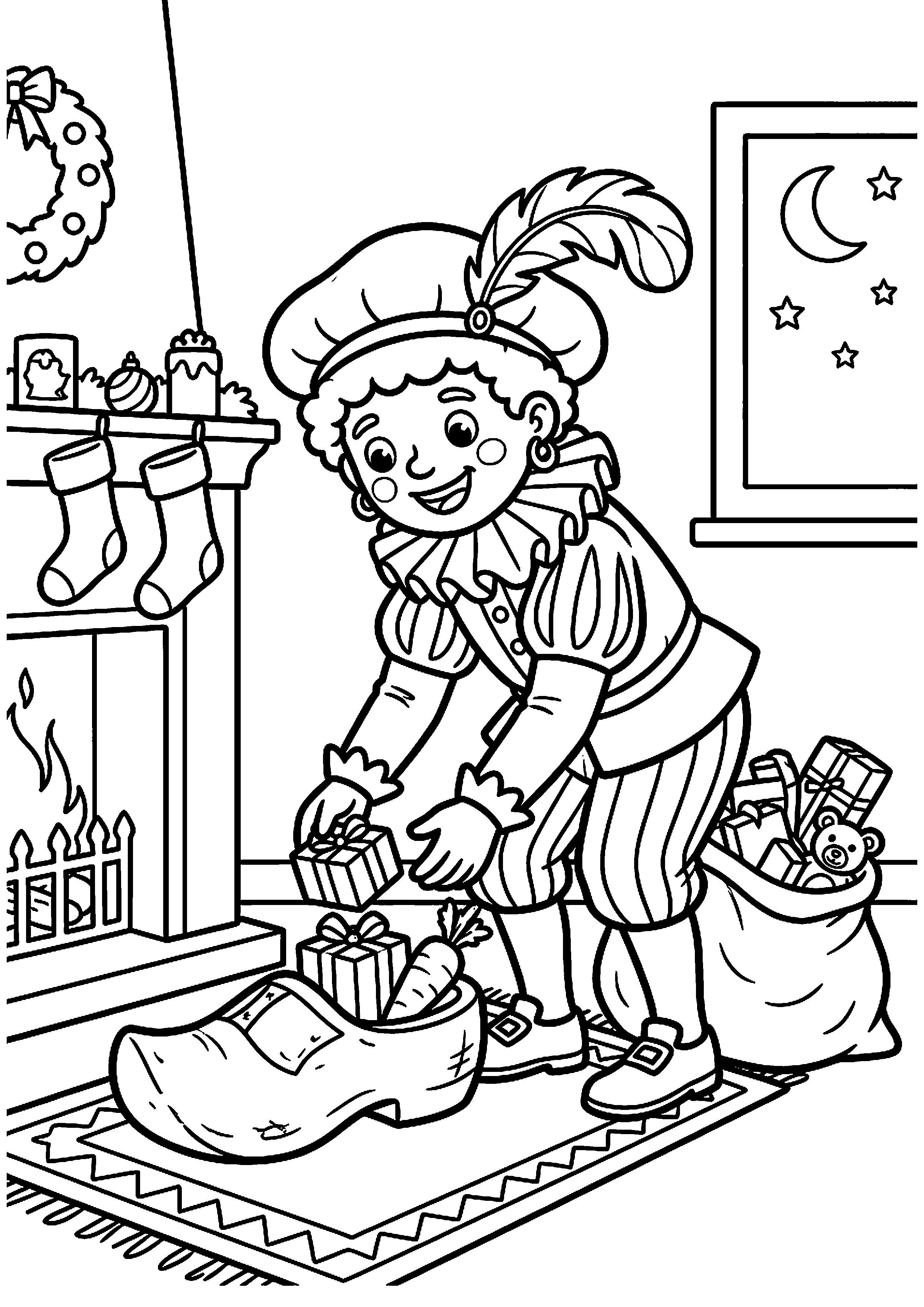 Piet stopt cadeautjes in een schoen kleurplaat — gratis kleurplaat