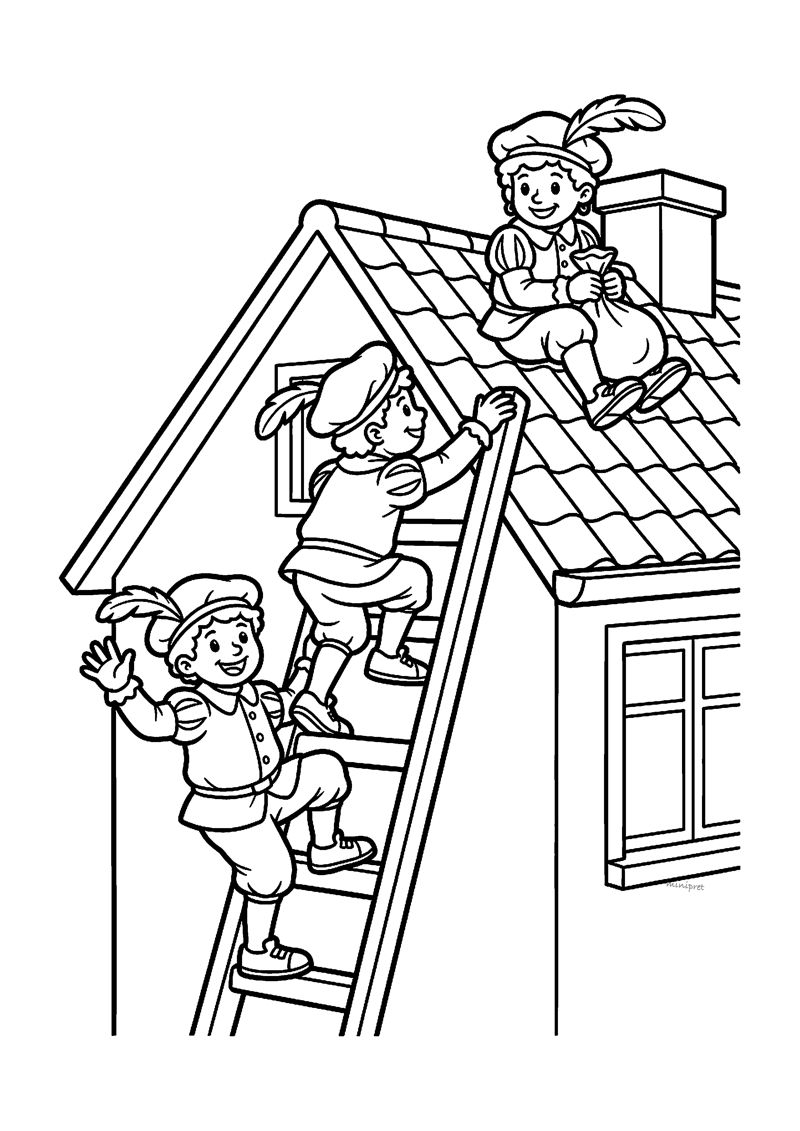 Kleurplaat van drie Pieten die op een ladder en op het dak van een huis klauteren met cadeau