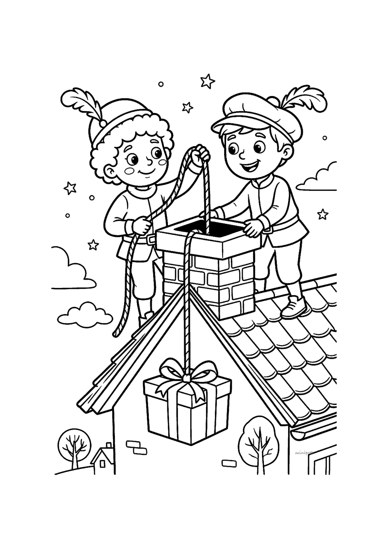 Kleurplaat van twee Pieten op een dak die met touwen een cadeau in een schoorsteen laten zakken