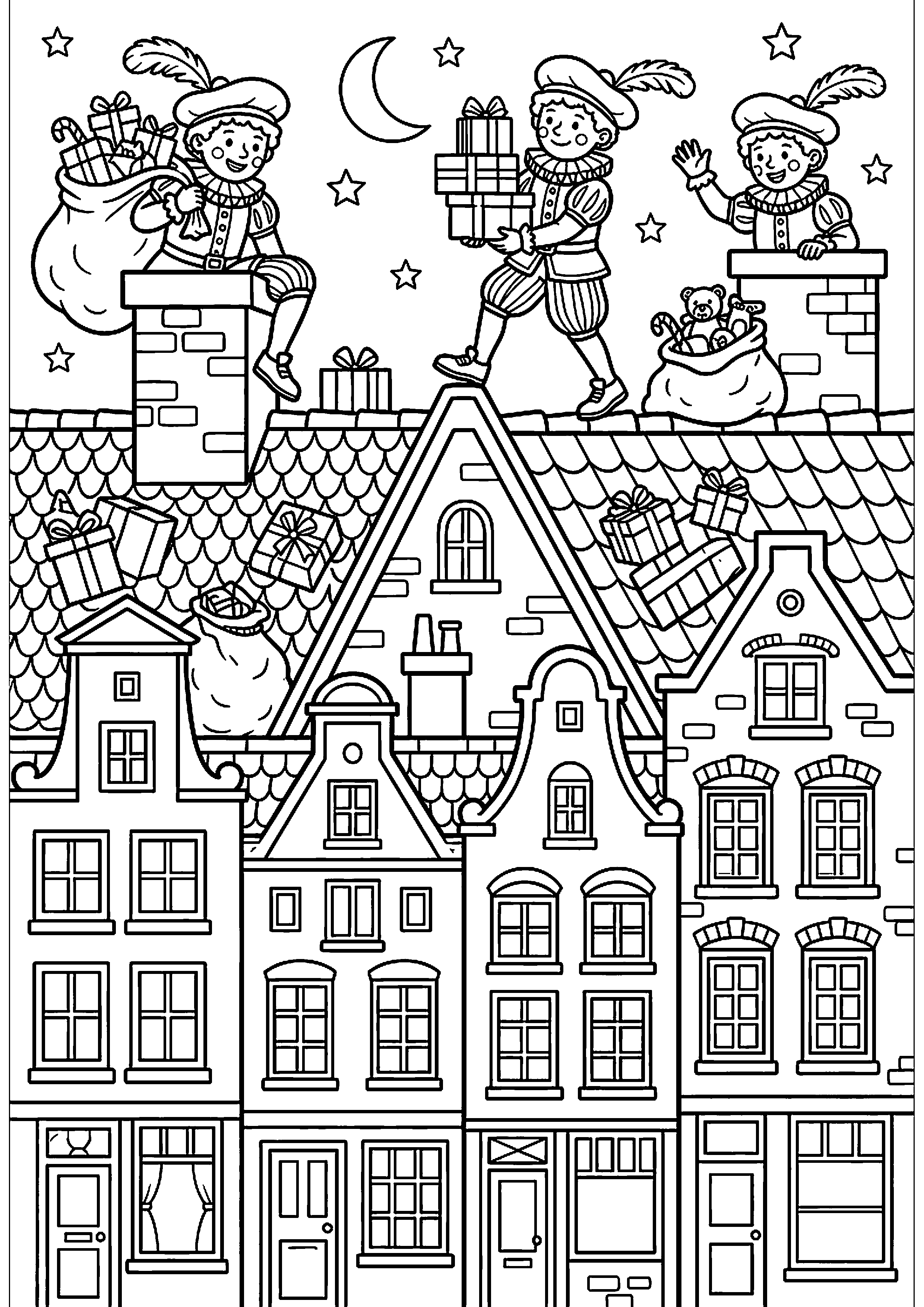 Pieten op daken met cadeautjes kleurplaat — gratis kleurplaat