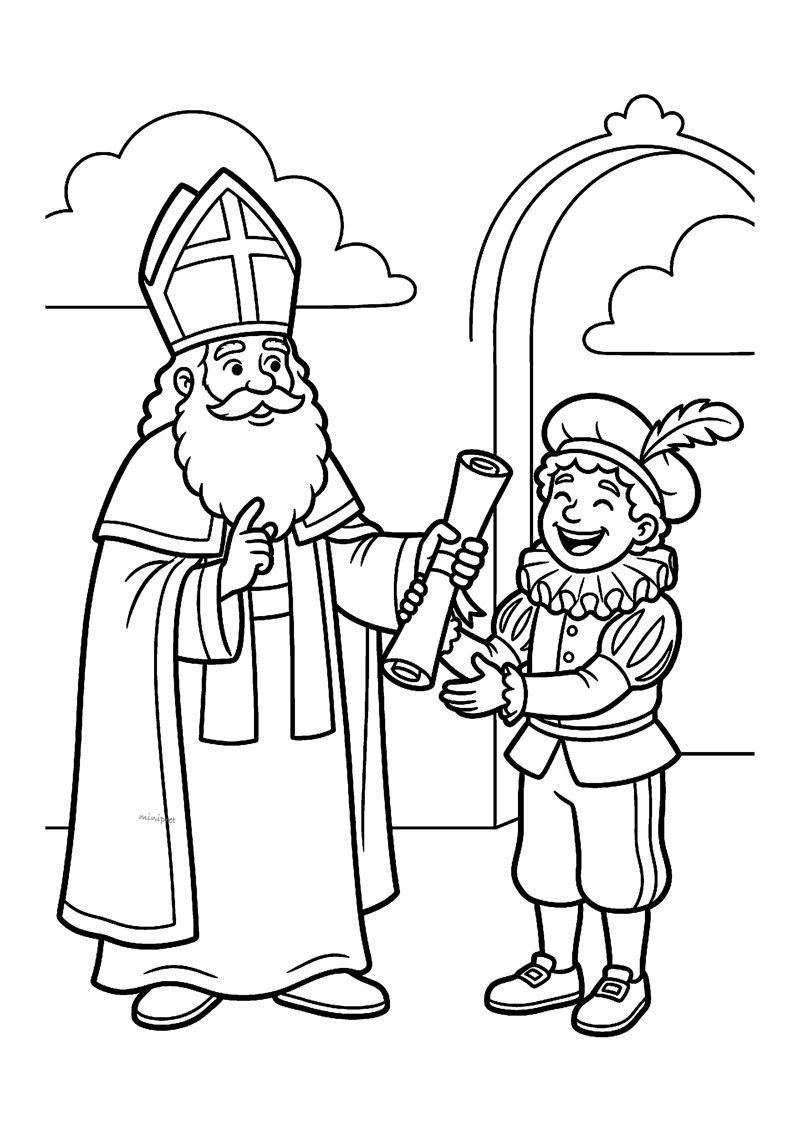 Kleurplaat van Sinterklaas die een opgerold diploma overhandigt aan een trotse Piet voor een raam