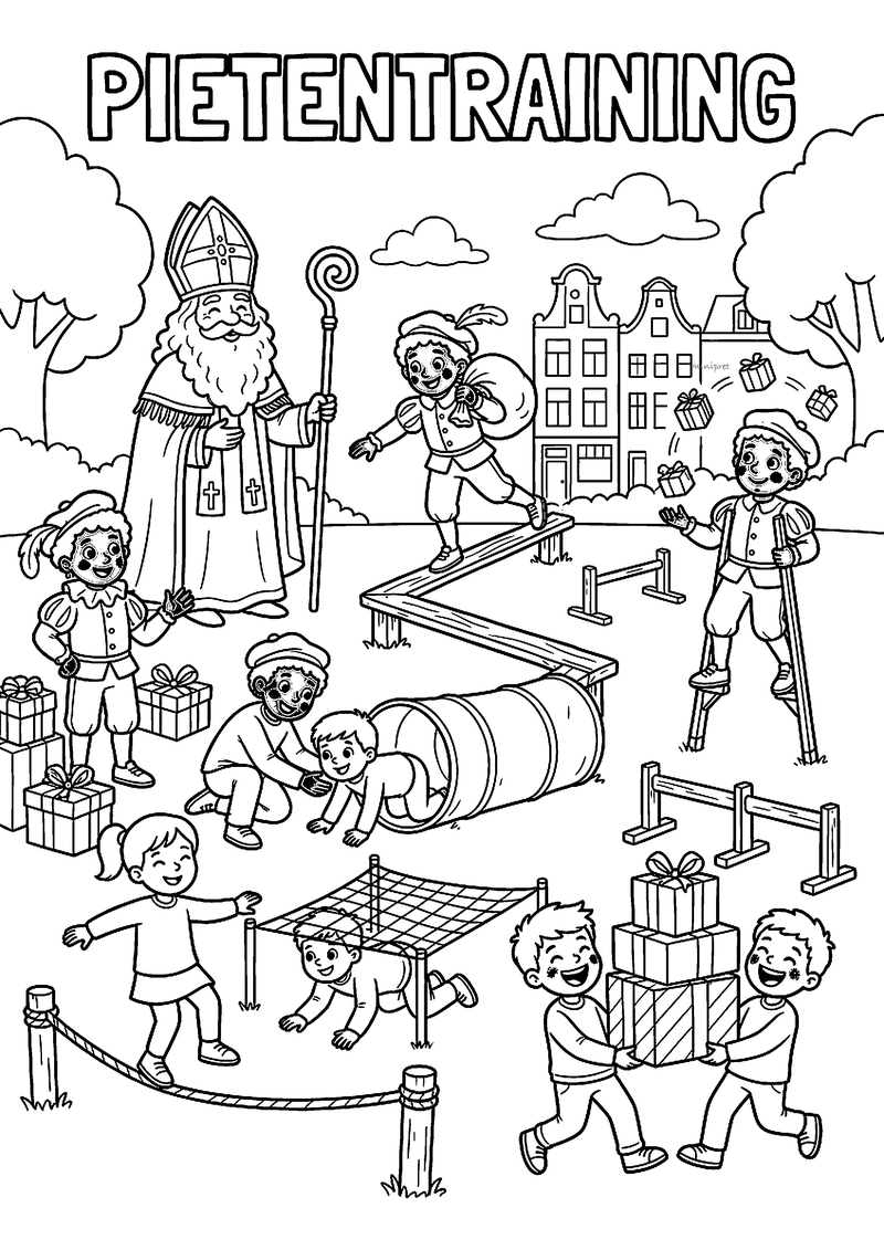 Kleurplaat van Sinterklaas, Pieten en kinderen op een hindernisbaan buiten, met de titel Pietentraining