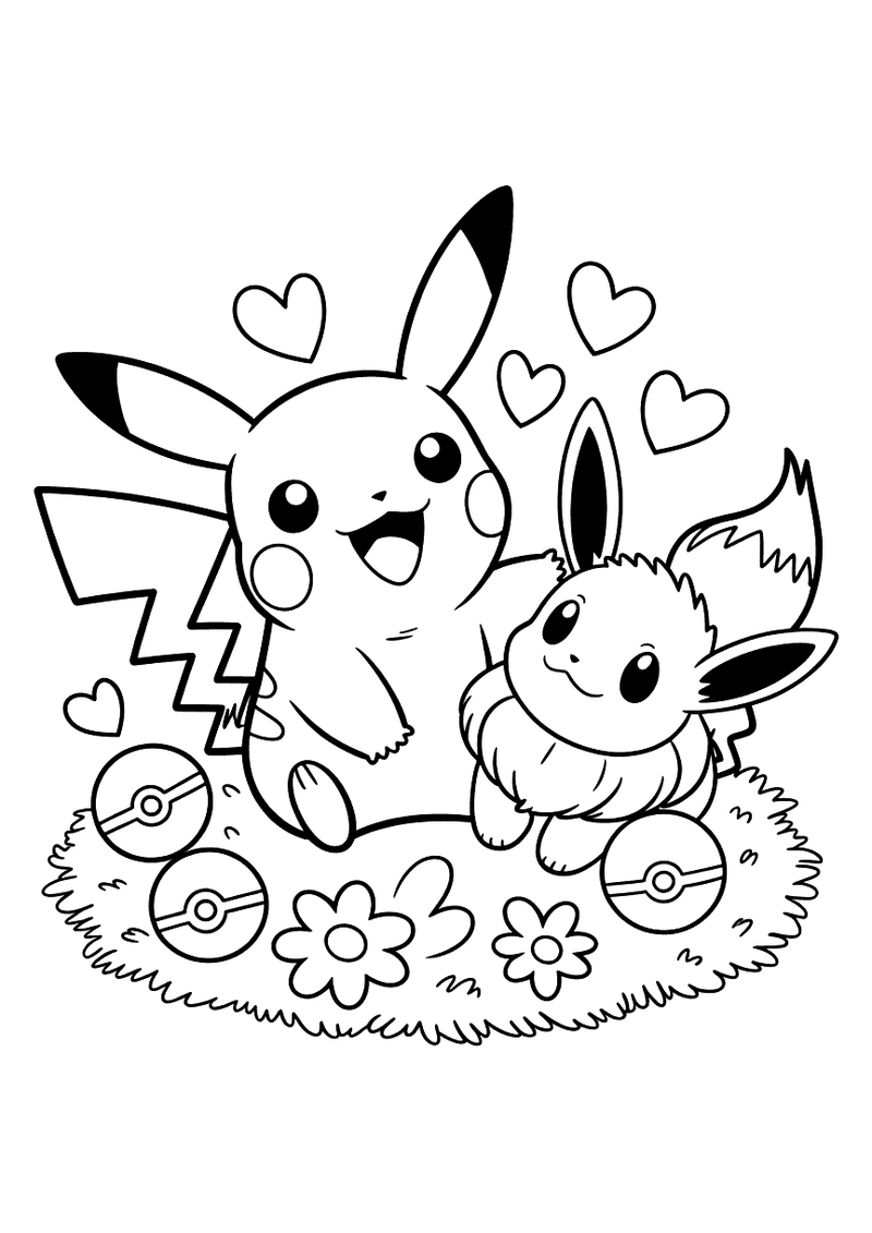 Pikachu en Eevee samen op het gras kleurplaat — gratis kleurplaat printen