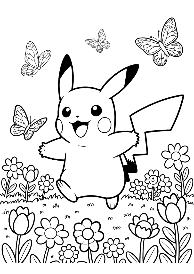 Pikachu Achtervolgt Vlinders Kleurplaat — gratis kleurplaat