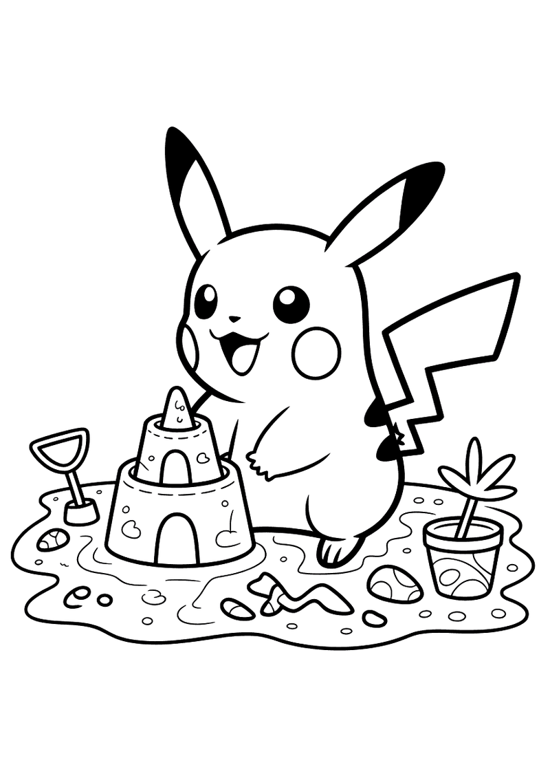 Pikachu bouwt een zandkasteel kleurplaat — gratis kleurplaat