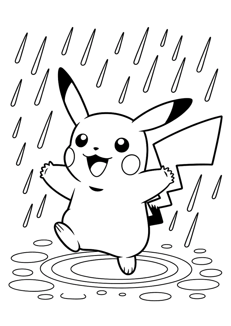 Pikachu danst in de regen kleurplaat — gratis kleurplaat