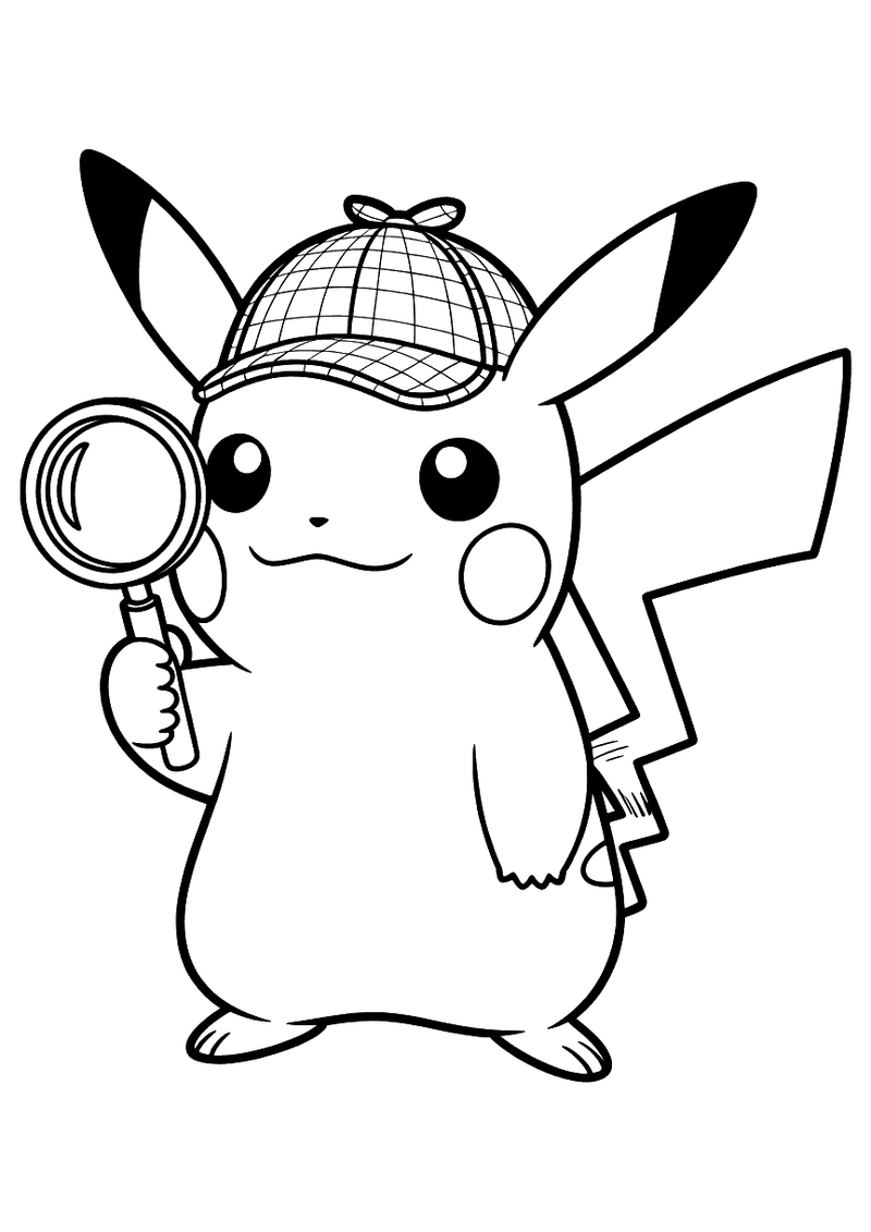 Detective Pikachu met vergrootglas kleurplaat — gratis kleurplaat