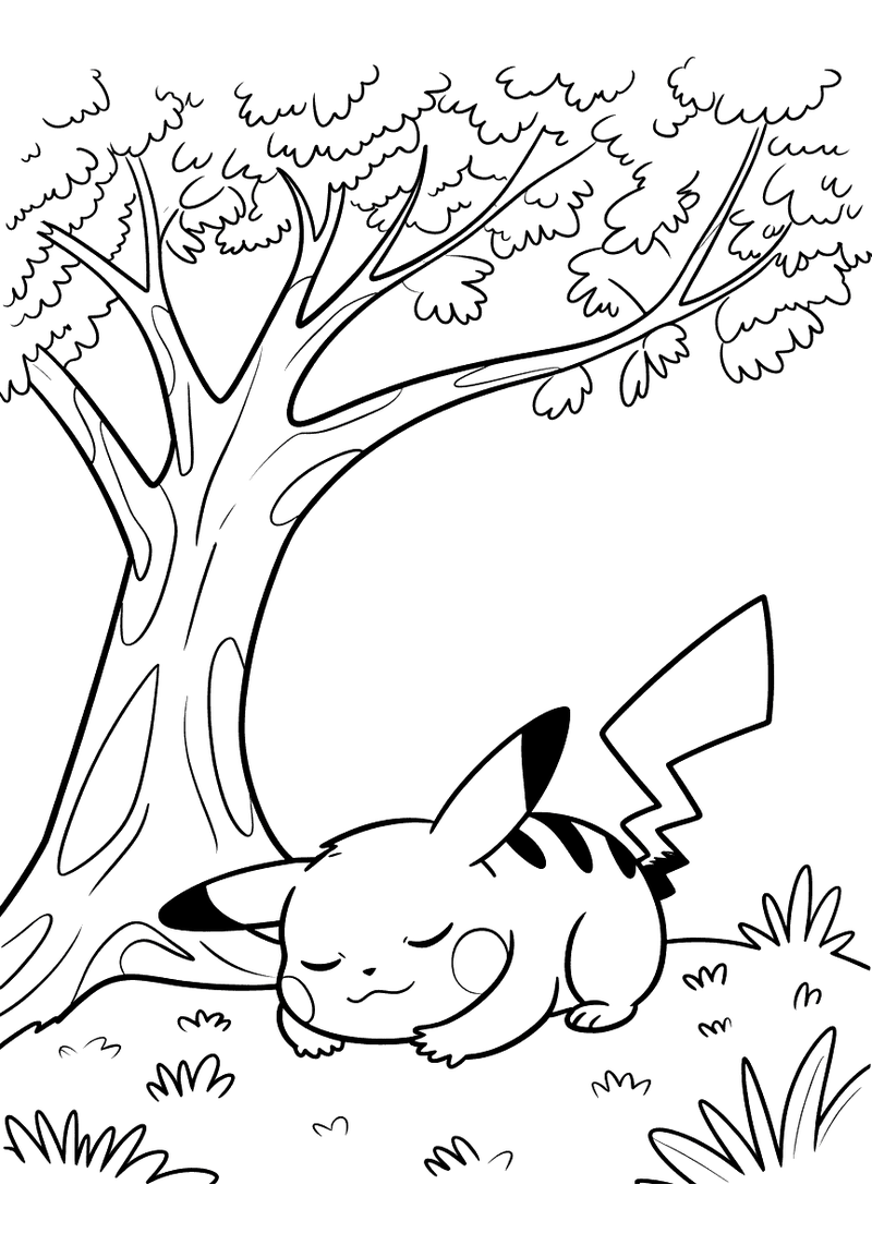 Pikachu doezelt onder een boom kleurplaat — gratis kleurplaat printen