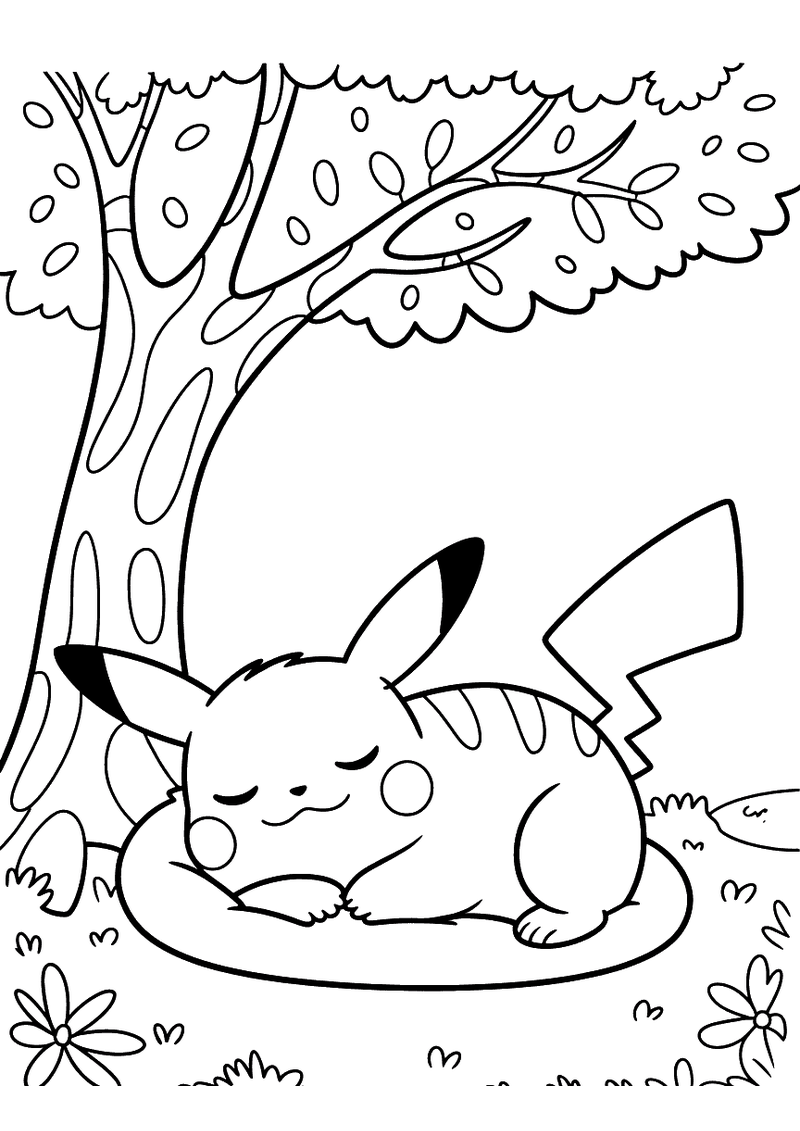 Pikachu doezelt onder een boom kleurplaat — gratis kleurplaat