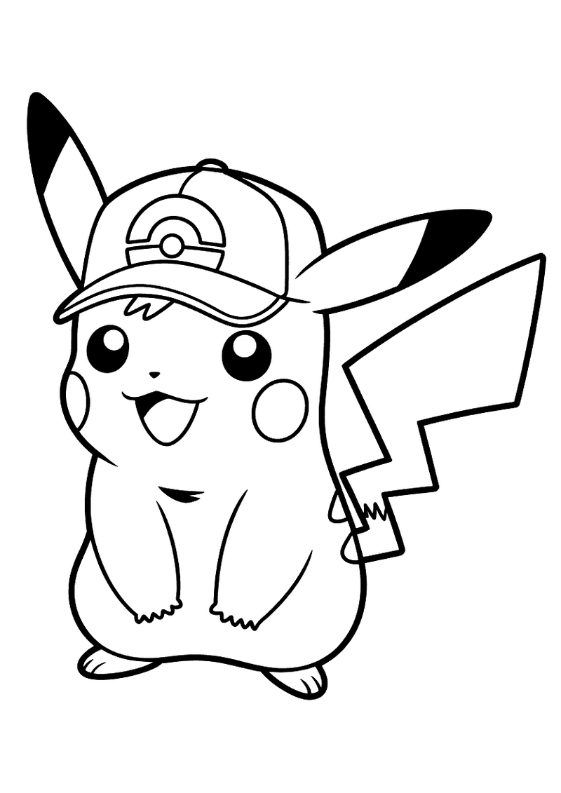 Pikachu met de pet van ash kleurplaat — gratis kleurplaat