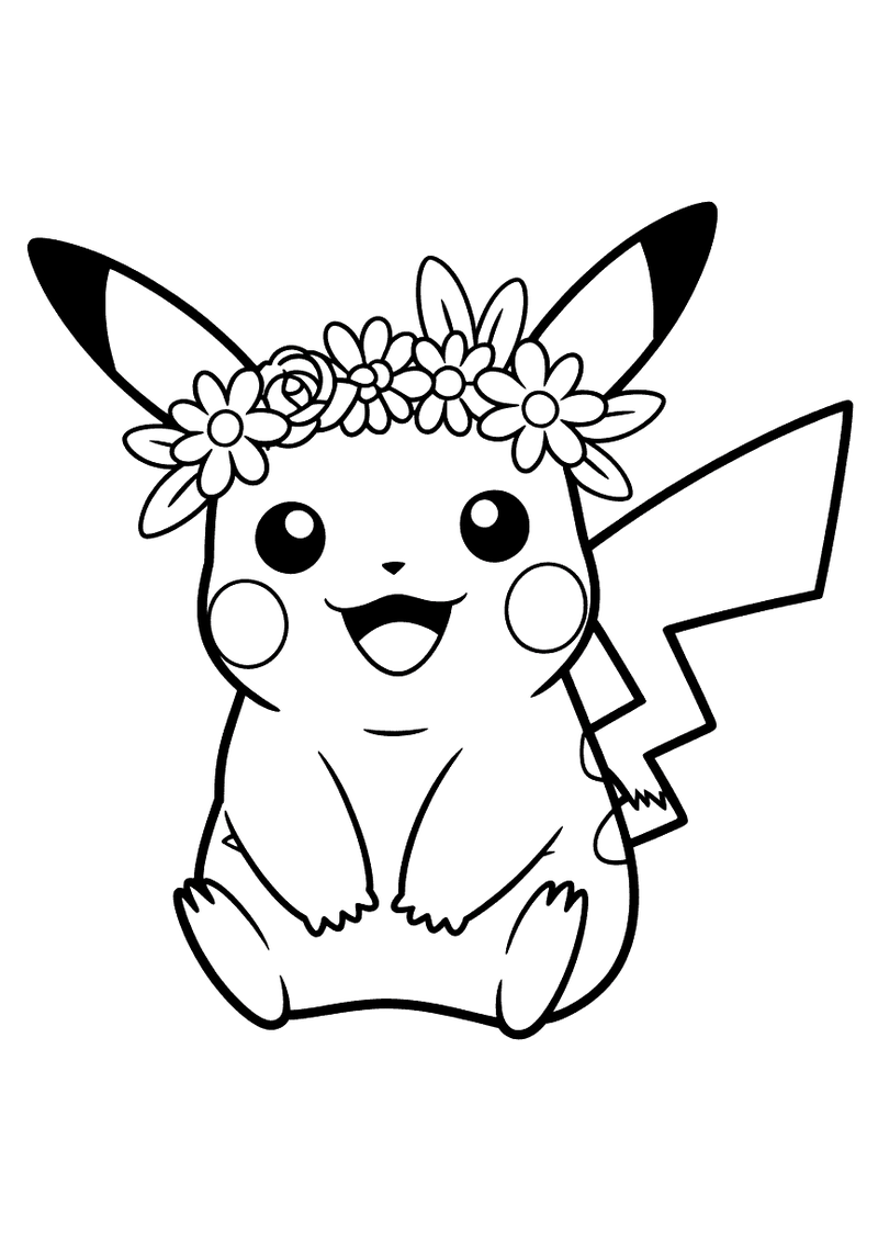 Pikachu met bloemenkrans kleurplaat — gratis kleurplaat printen