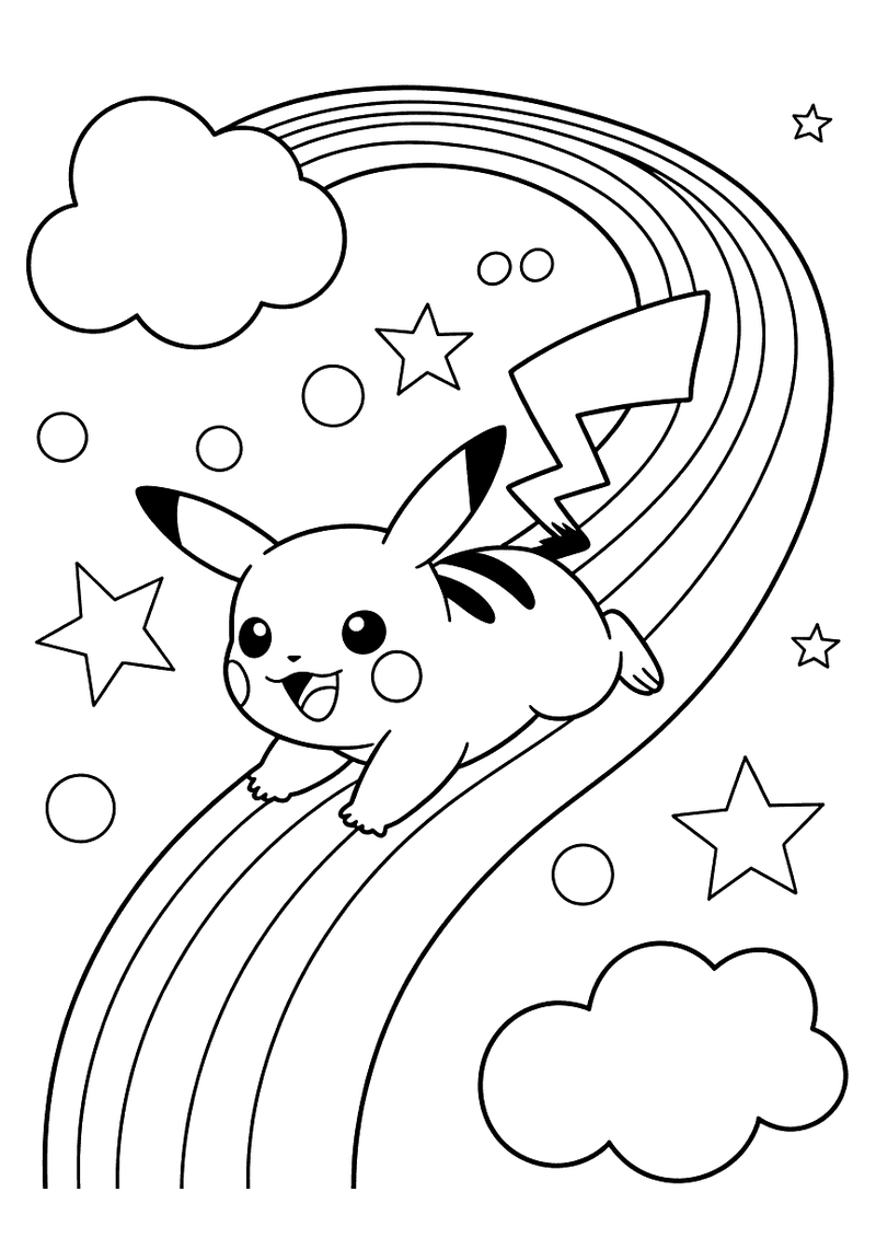 Pikachu glijdt van de regenboog kleurplaat — gratis kleurplaat printen
