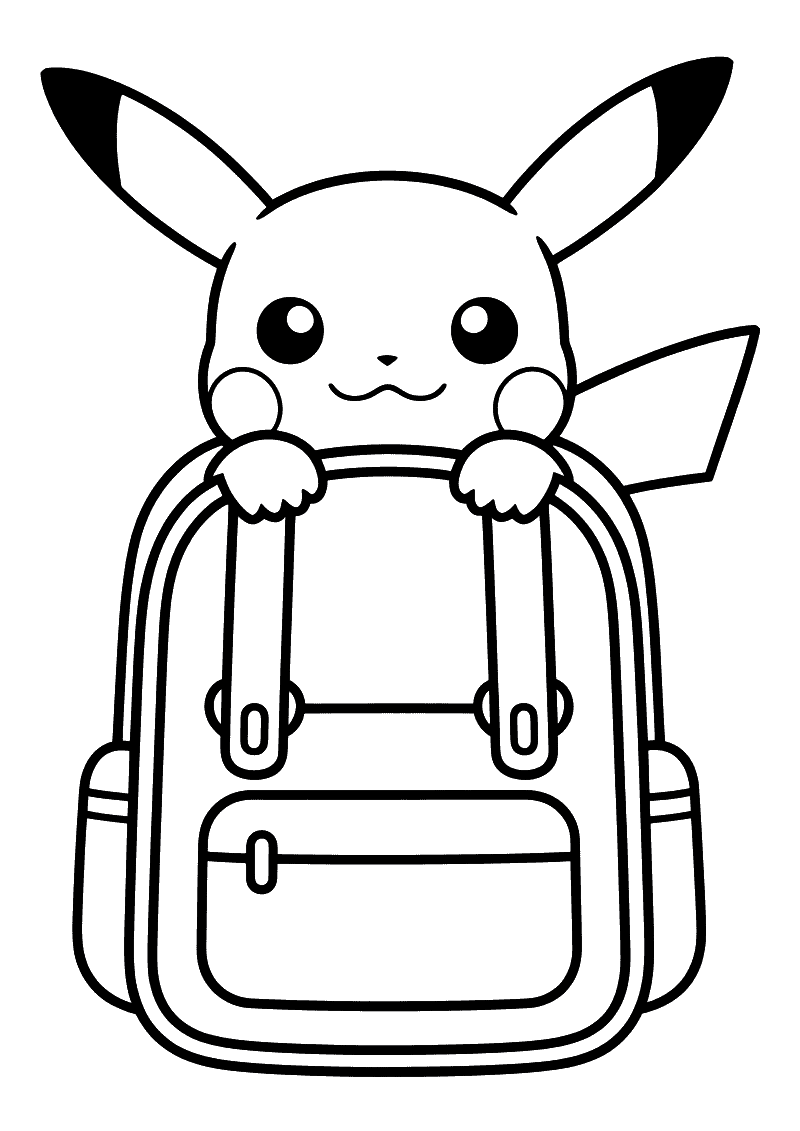 Pikachu gluurt uit een rugzak kleurplaat — gratis kleurplaat printen