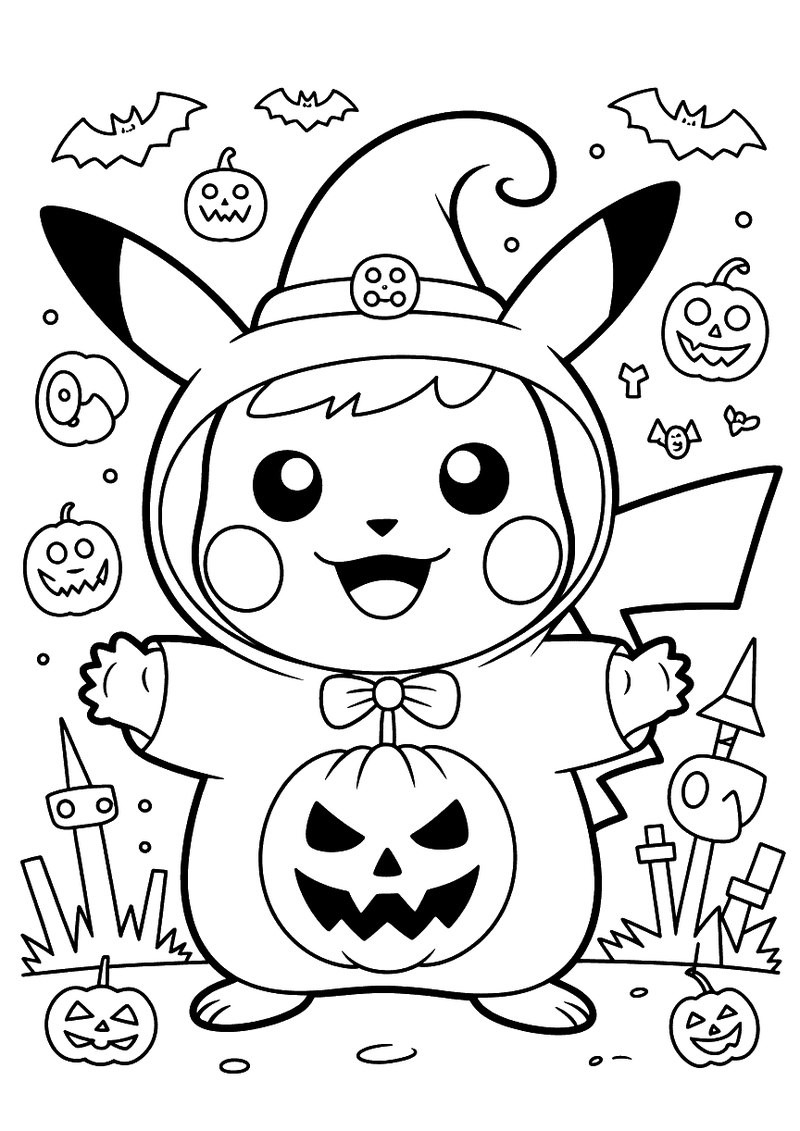 Pikachu in Halloween-kostuum kleurplaat — gratis kleurplaat printen