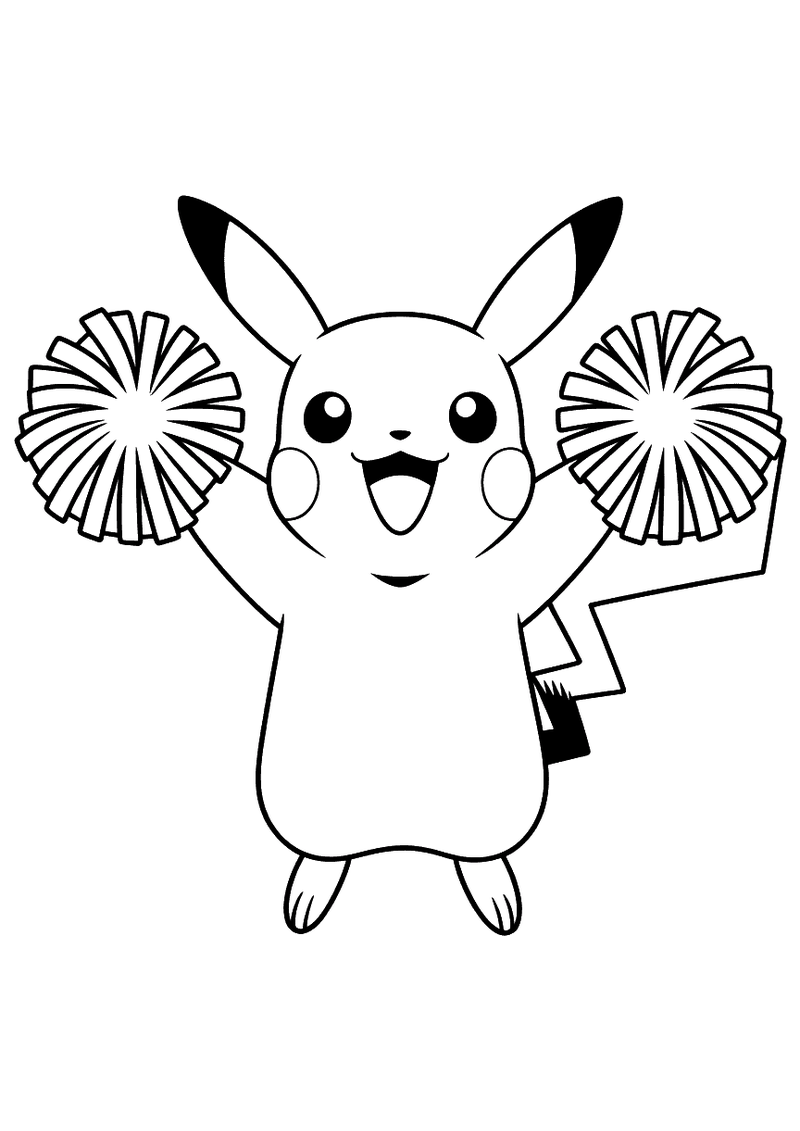 Kleurplaat van Pikachu die vrolijk staat te juichen met twee grote pom-poms in de lucht geheven, mond wijd open van plez