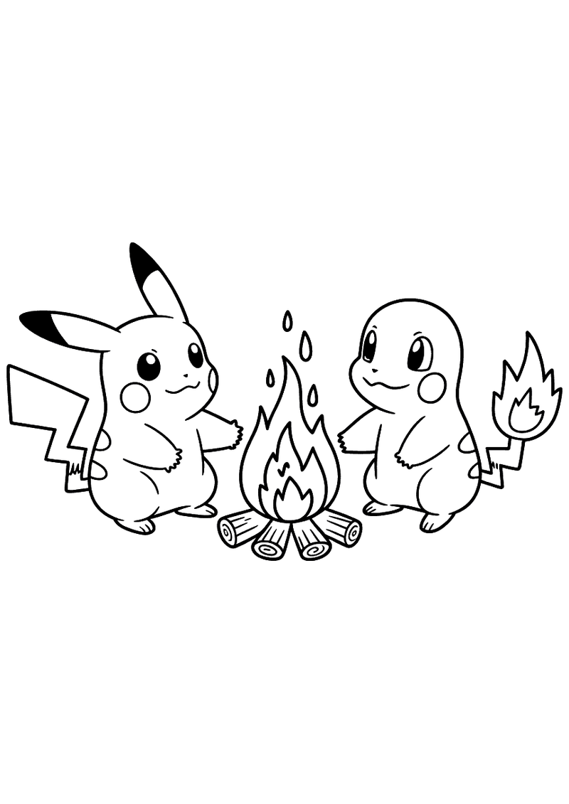 Kleurplaat van Pikachu en Charmander die tegenover elkaar zitten bij een brandend kampvuur van boomstammen, Charmanders