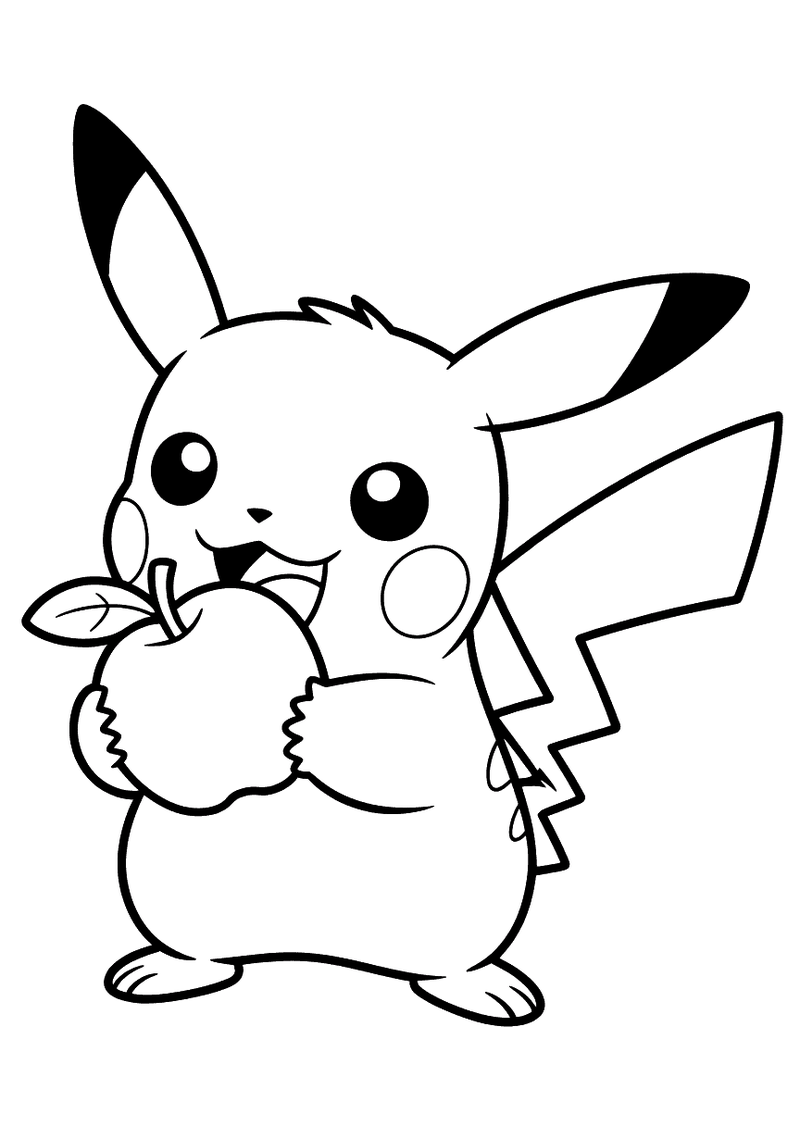 Kleurplaat van Pikachu die een grote appel met steeltje en blaadje vasthoudt en er lachend op kauwt, zijn ronde wangen o