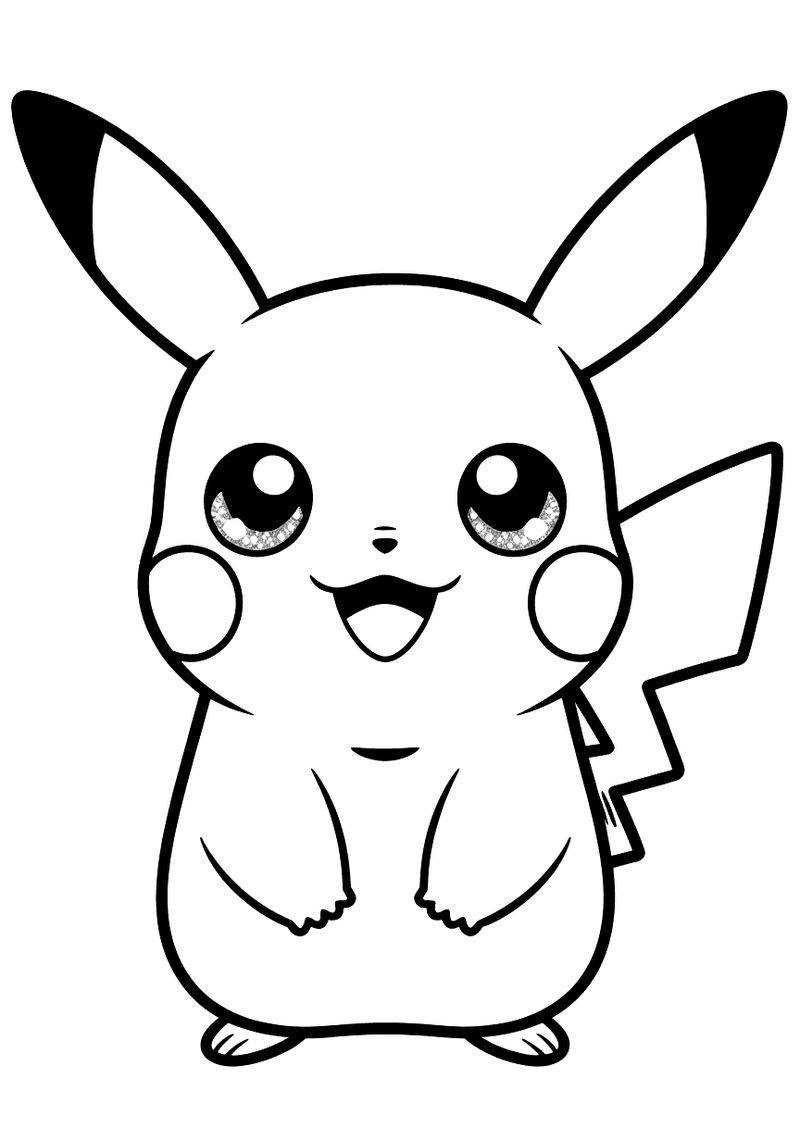 Kleurplaat van Pikachu met grote glanzende kawaii-ogen vol lichtpuntjes, brede glimlach, ronde wangen en bliksemstaart