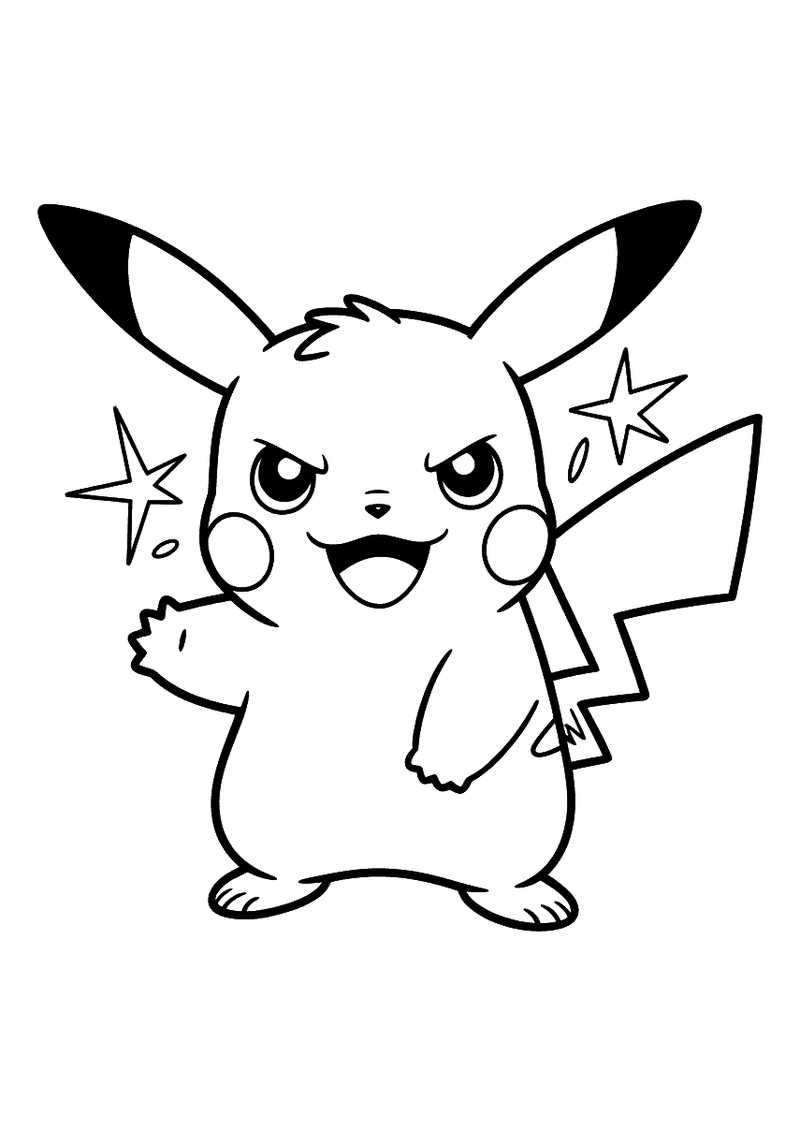 Kleurplaat van Pikachu in aanvalshouding met gefronste wenkbrauwen, één poot omhoog en glinsterende sterren die bliksemk