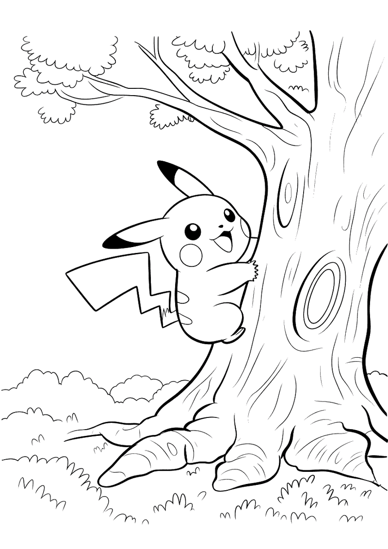 Kleurplaat van Pikachu die tegen een brede eikenstam omhoogklautert, met struiken en bladeren op de achtergrond