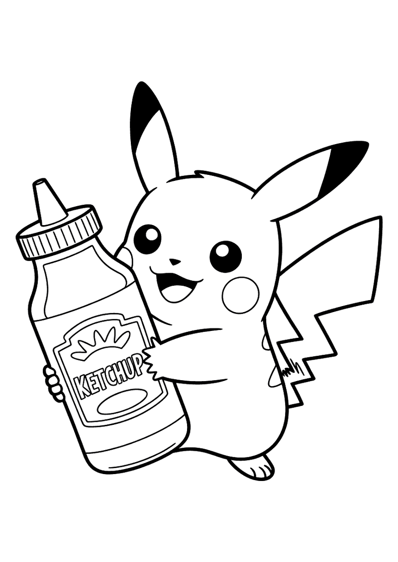 Kleurplaat van Pikachu die een grote ketchupfles met label innig vasthoudt en lachend omhoogkijkt