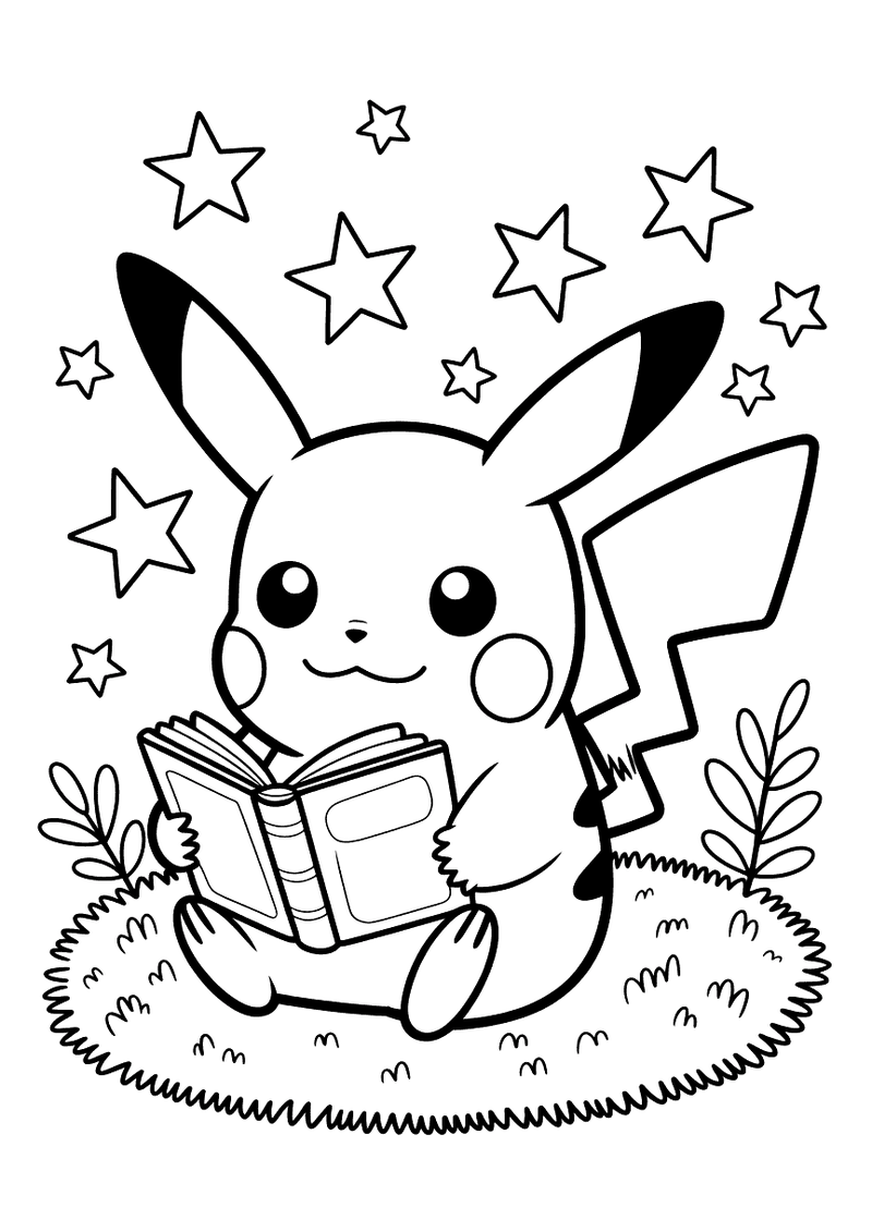 Kleurplaat van Pikachu die op een graspol zit en geconcentreerd een boek leest, met sterren en kleine planten rondom hem
