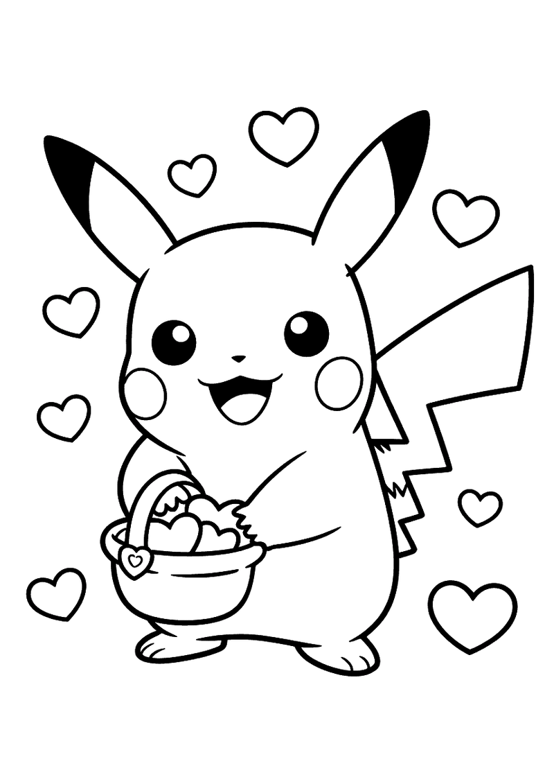 Kleurplaat van Pikachu die lachend een mandje met hartjes vasthoudt, met hartjes die rondom hem zweven als valentijnsver