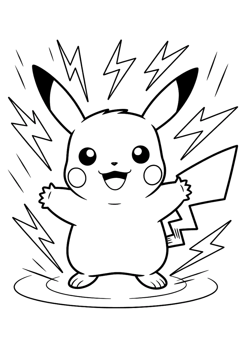 Kleurplaat van Pikachu die op een platform staat met armen gespreid, omringd door grote bliksemschichten die alle kanten