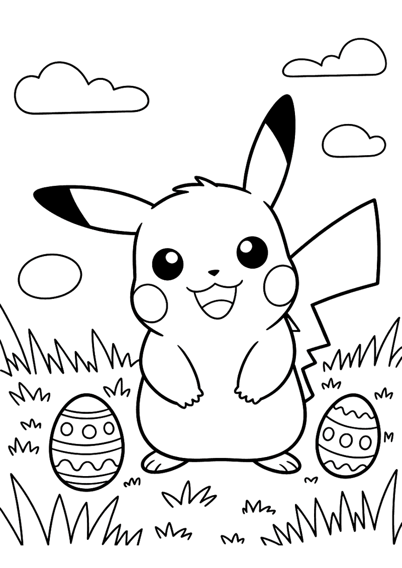Pikachu met paaseieren kleurplaat — gratis kleurplaat printen