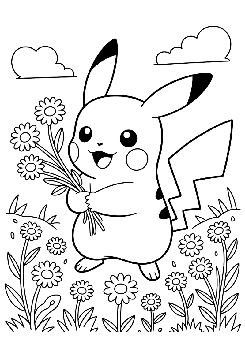 Kleurplaat van Pikachu die door een veld met madelieven rent en een bos wilde bloemen vasthoudt, met wolkjes aan de luch