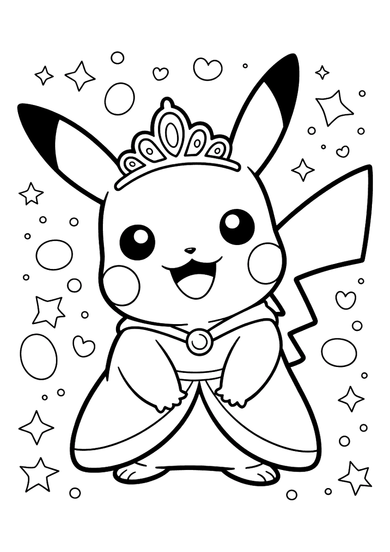 Kleurplaat van Pikachu als prinses in een jurk met een sierlijke tiara op zijn hoofd, omgeven door sterren, hartjes en r