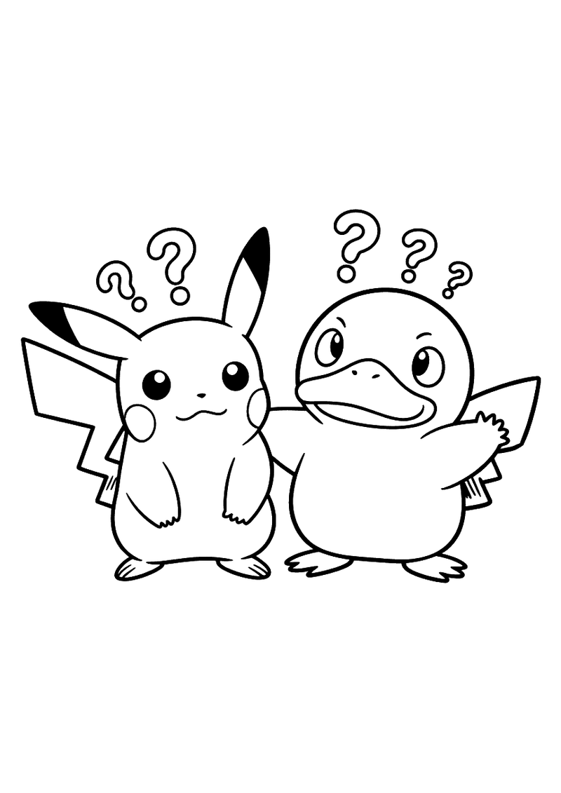Kleurplaat van Pikachu en Psyduck die naast elkaar staan met meerdere vraagtekens zwevend boven hun hoofd, beide met een