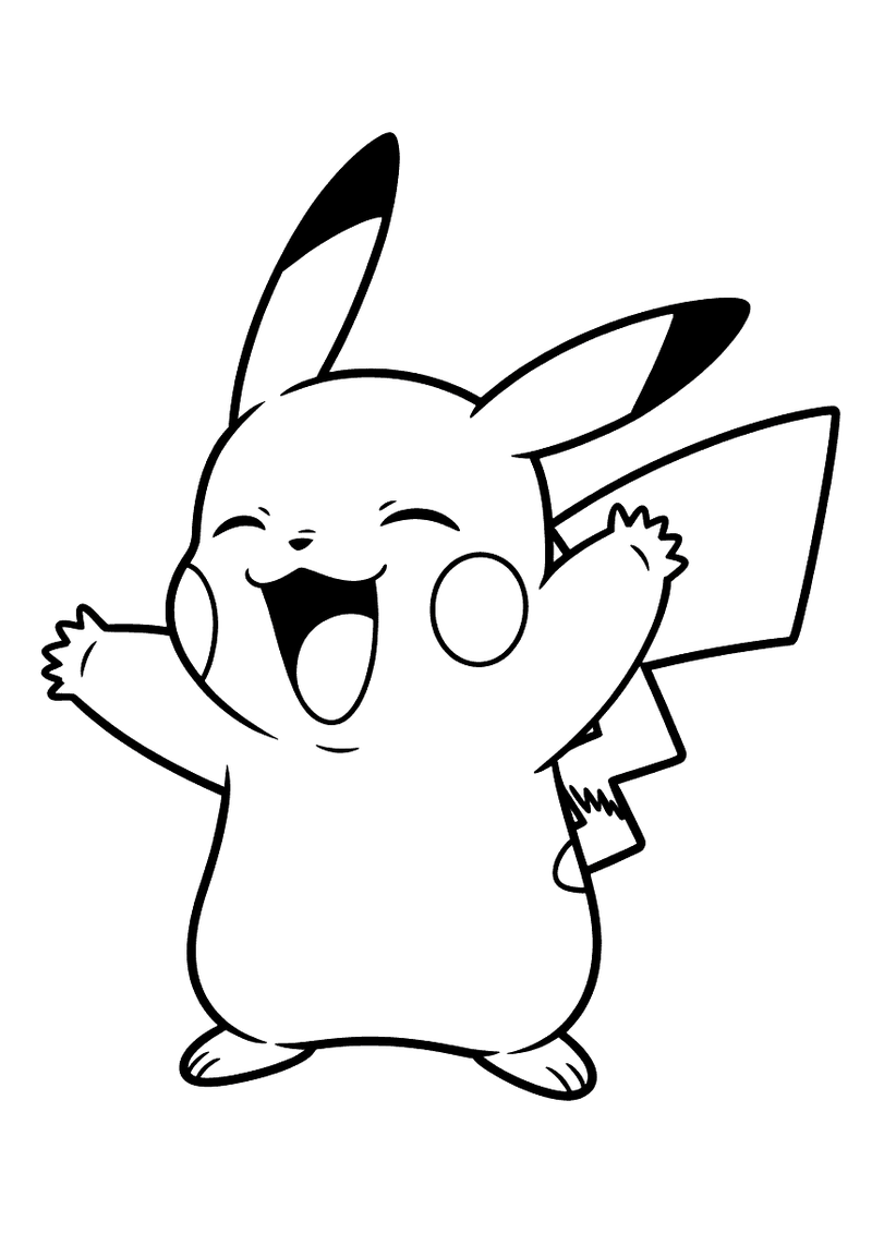 Kleurplaat van Pikachu die met gesloten ogen breed gaapt en beide armen wijd uitstrekt als een uitgerekte ochtendbewegin